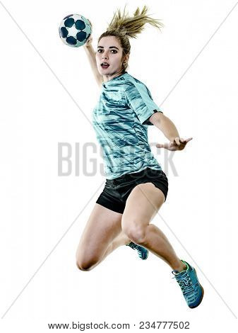 one caucasian young teenager girl woman playing Handball player isolated on white background