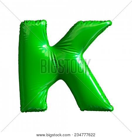 Green letter K made of inflatable balloon isolated on white background. 3d rendering