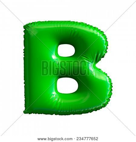 Green letter B made of inflatable balloon isolated on white background. 3d rendering