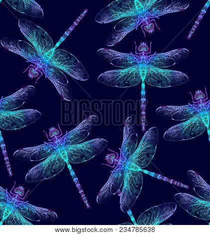 Dragonfly. Vector Seamless Pattern. Dark Blue Backgrounds. Summer Night.