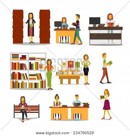 Characters In Different Situations In The School, Library And Bookstore. Vector Illustration
