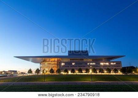 Copenhagen, Denmark - July 28, 2016: The Illuminated Opera House Designed By Henning Larsen Architec