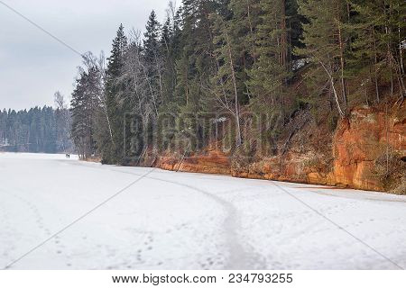 Winter Landscape With Sandstone Rocks Near Brasla River, Latvia