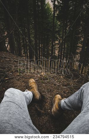 Man Resting On Perfect Scenic Overlook At Forest In Slovakia - Toned Photo. Man Relaxing And Enjoyin