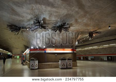 Finland, Helsinki - March 25, 2018: Fragment Of The Interior Of The Station Kamppi Metro In Helsinki