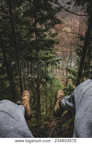 Man Resting On Perfect Scenic Overlook At Forest In Slovakia - Toned Photo. Man Relaxing And Enjoyin