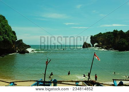 Panoramic Ngrenehan Beach Located At Gunungkidul, Yogyakarta, Indonesia.