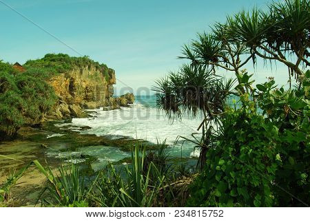 Panoramic Ngobaran Beach At Gunungkidul Yogyakarta Indonesia