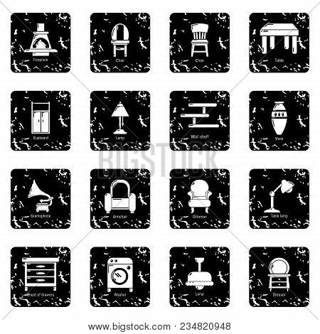 Interior Furniture Icons Set Vector Grunge Isolated On White Background