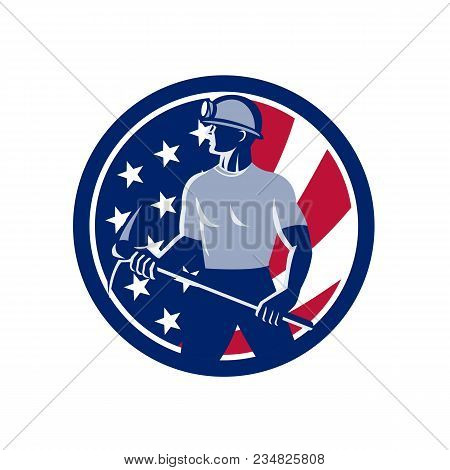 Icon Retro Style Illustration Of An American Coal Miner Holding A Pick Axe Viewed From Side With Uni