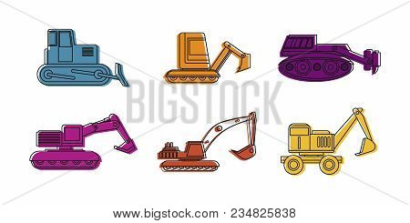 Excavator Icon Set. Color Outline Set Of Excavator Vector Icons For Web Design Isolated On White Bac