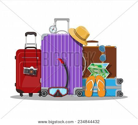 Modern And Vintage Travel Bag. Plastic And Leather Case. Photo Camera, Map, Flip Flops, Compass, Hat