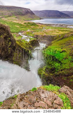 Waterfall Dynjandi And River In Summer, Iceland