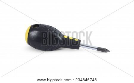 Crosshead Screwdriver With A Short Tip And Black Plastic Handle