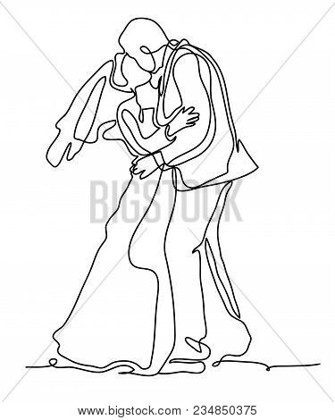 Bride And Groom, Kissing Romantic Married Couple. Continuous Line Drawing. Isolated On The White Bac