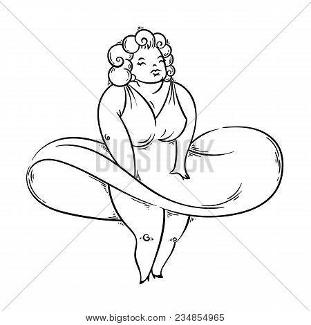 Pretty Plump Woman Posing Like A Superstar. Pinup Illustration. Vector Image