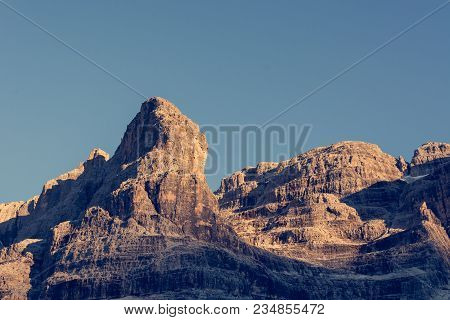 Sun Illuminated Mountain Peaks. Brenta Dolomites At Sunset, Italy.