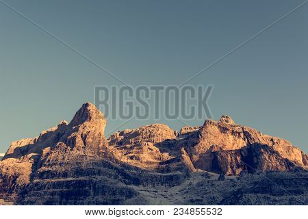 Sun Illuminated Mountain Peaks. Brenta Dolomites At Sunset, Italy.