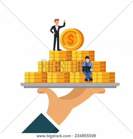 Pile Of Money On A Tray. The Concept Of Wealth Or Financial Well-being. Small People Work With Coins