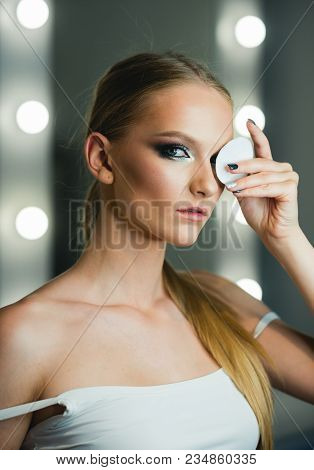 Woman Use Cotton Pad For Cleaning Face Skin. Skincare, Treatment And Therapy. Beauty Model With Fres