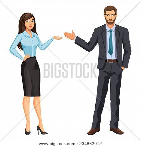 Man In Business Suit With Glasses And Beard And Elegant Brunette Girl. Businessman And Secretary, St