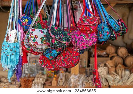 Background With Bags Embroidered And Decorated With Specific Patterns Of The Maramures Area, Romania