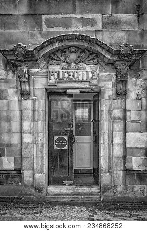 A View Of The Former Police Station Doorway In Clydebank, Scotland.