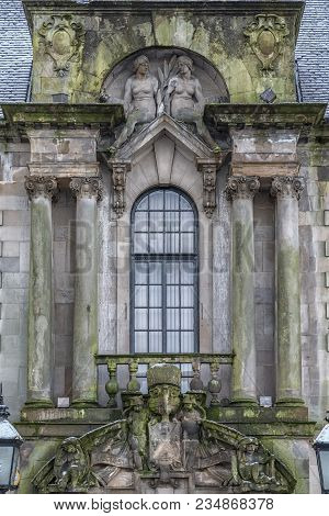 A View Of An Ornate Town Hall Window In Clydebank, Scotland.