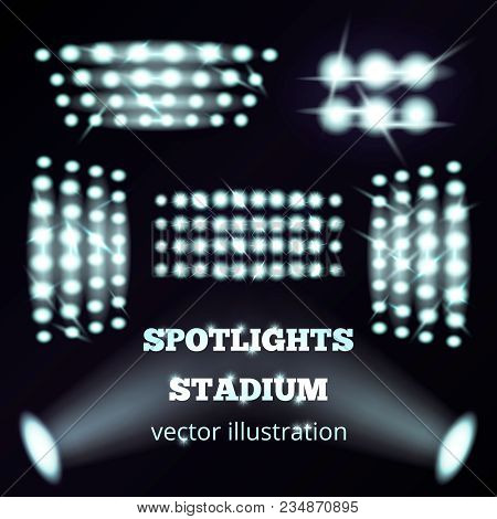 Stadium Spotlights Realistic Set Of White Cold Soffits And Floodlights On Black Background  Isolated