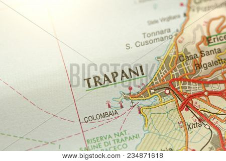 Trapani. The Island Of Sicily, Italy. A Paper Map And Roads On The Map.