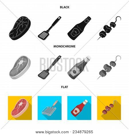 Raw Meat Steak, Grill With Handle, Bottle Of Ketchup, Shish Kebab.bbq Set Collection Icons In Black,
