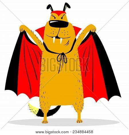 Halloween Dog Character In Costume Of Vampire. Horror Bat Masquerade Suit . Cartoon Vector Illustrat