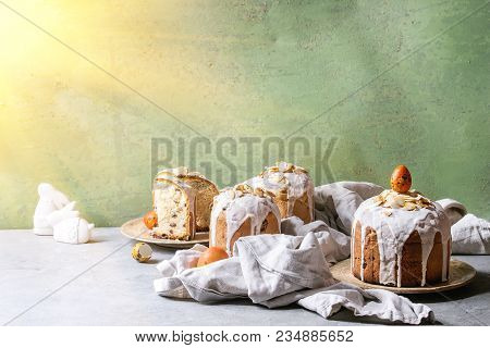 Set Of Traditional Russian And Ukrainian Easter Cake Kulich Paska Bread Glazed With Almond, Whole An