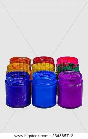 Colorful Of Plastisol Ink In Glass Bottles.