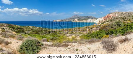 Panoramic View Of Tsigrado Beach, One Of The Most Beautiful Beaches Of Milos Island. Cyclades, Greec