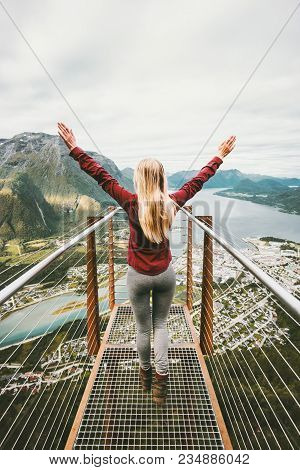 Happy Woman Raised Hands Enjoying Mountains Landscape Travel Lifestyle Adventure Vacations Success E