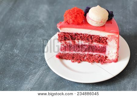 Red Velvet. Tasty Red Homemade Cake Decorated By Macarons. Modern Photo