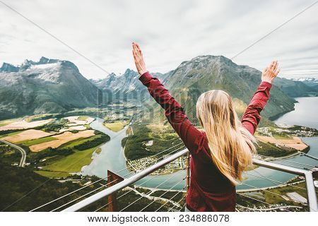 Happy Woman Enjoying Aerial Mountains View Travel Lifestyle Adventure Vacations Success Emotions In 