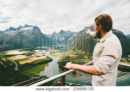 Man Traveler Enjoying Aerial Mountains Landscape Travel Healthy Lifestyle Adventure Vacations Succes