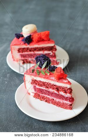 Red Velvet. Tasty Red Homemade Cake Decorated By Macarons. Modern Photo