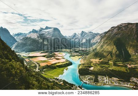 Landscape Mountains Valley And River In Norway Travel Scenery Scandinavian Nature Andalsnes Rampestr