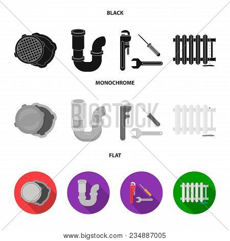 Sewage Hatch, Tool, Radiator.plumbing Set Collection Icons In Black, Flat, Monochrome Style Vector S