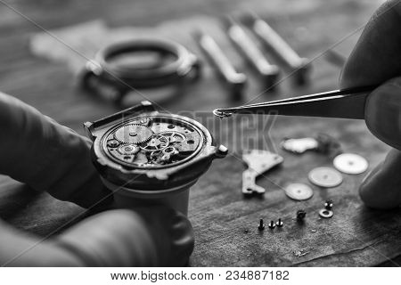 Process Of Installing A Part On A Mechanical Watch, Watch Repair
