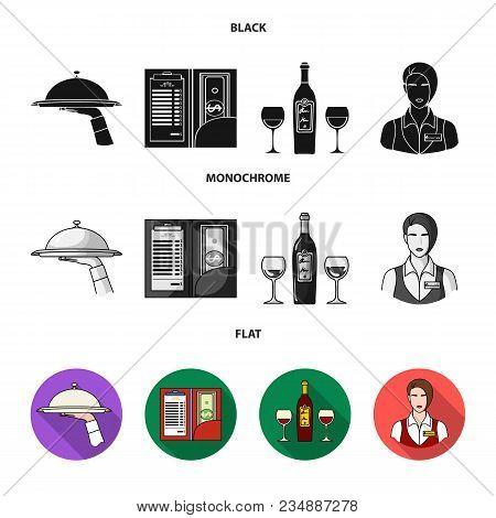 A Tray With A Cloth, Check And Cash, A Bottle Of Wine And Glasses, A Waitress With A Badge. Restaura