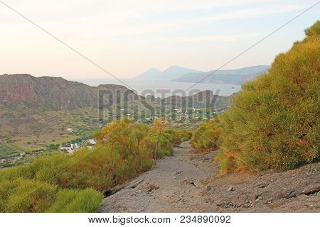 Ascent To The Volcano On The Island Of Vulcano, Italy, Lipari. Road To The Volcano.