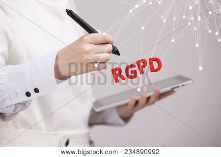 RGPD, Spanish, French and Italian version version of GDPR: Reglamento General de Proteccion de datos. General Data Protection Regulation. Young woman working with information.
