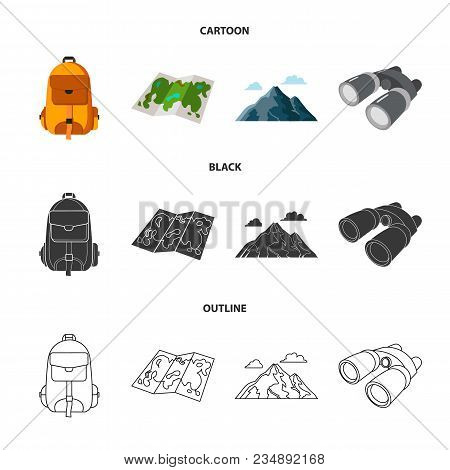 Backpack, Mountains, Map Of The Area, Binoculars. Camping Set Collection Icons In Cartoon, Black, Ou
