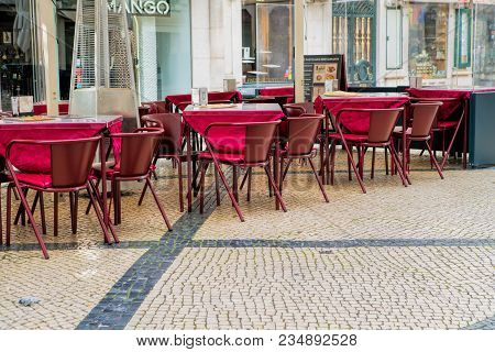 Lisbon - April 01 , 2018 : Cafe Terrace In The Pedestria Area Of The Barrio Alto, Or Upper Town, In 