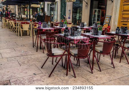 Lisbon - April 01 , 2018 : Cafe Terrace In The Pedestria Area Of The Barrio Alto, Or Upper Town, In 