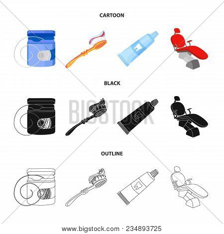 Dental Floss, Toothbrush, Toothpaste, Dental Chair. Dental Care Set Collection Icons In Cartoon, Bla
